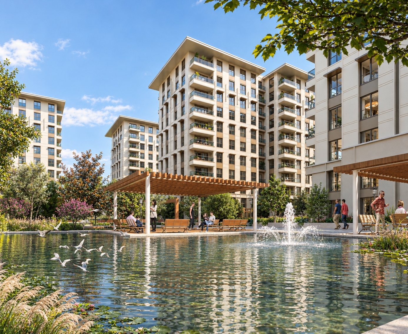 Reflecting pool and landscaped apartment courtyard