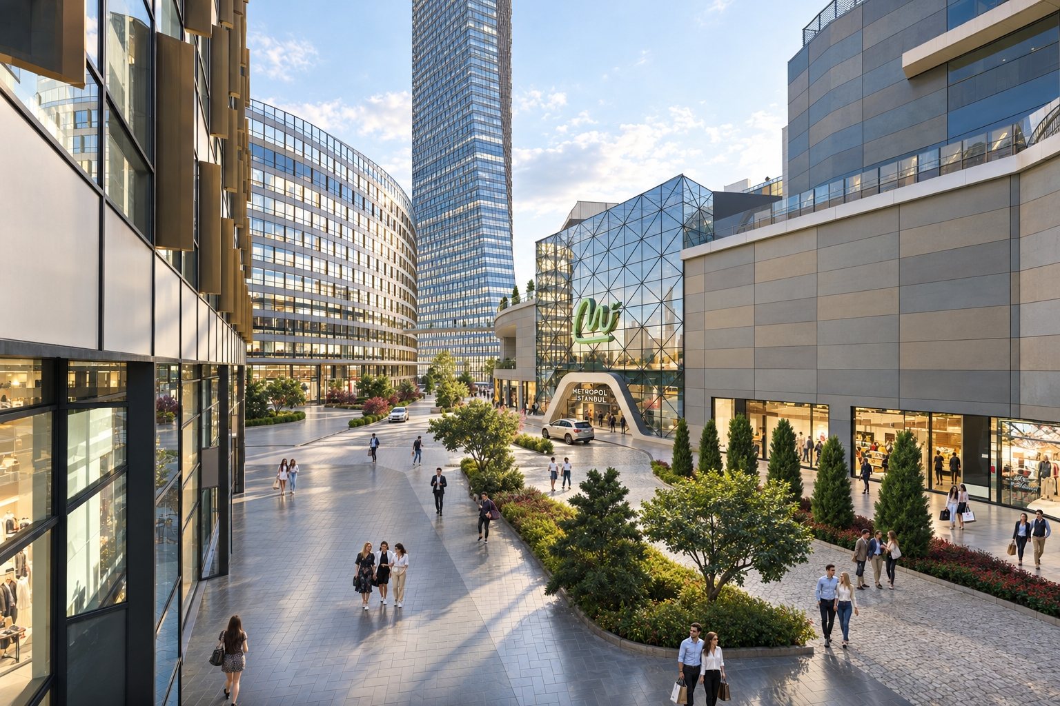 Pedestrian plaza between glazed office buildings