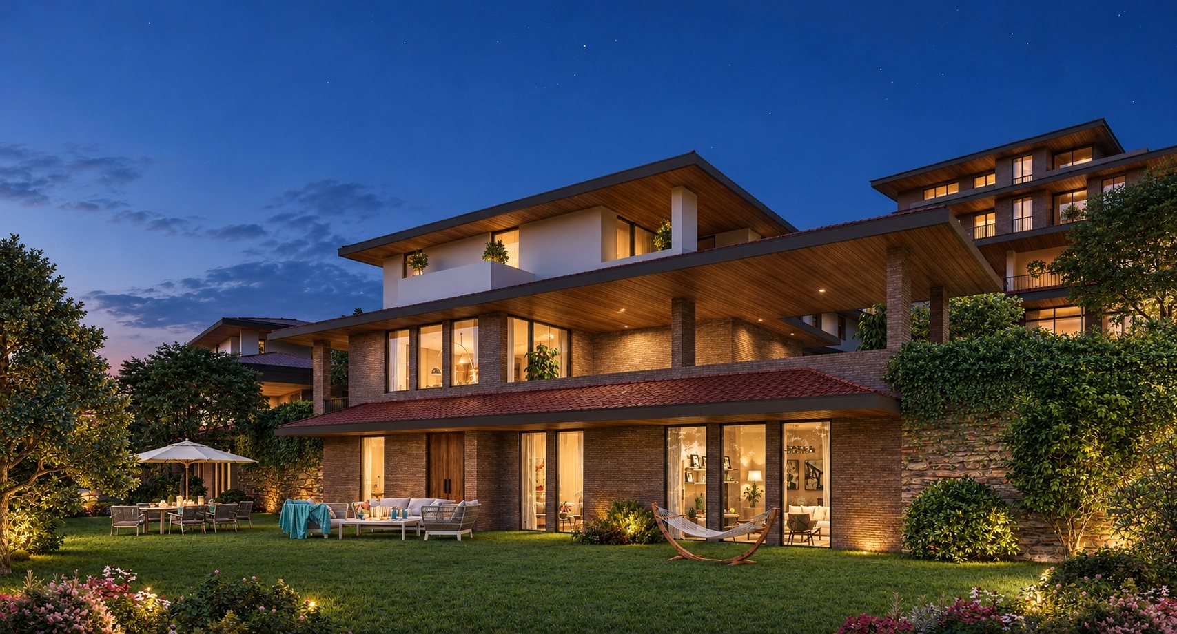 Illuminated timber villa at night