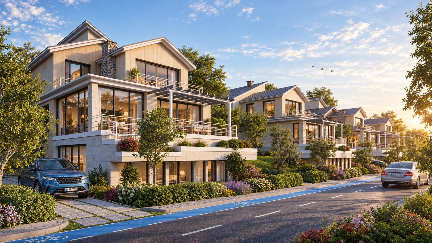 Garden homes along a residential street