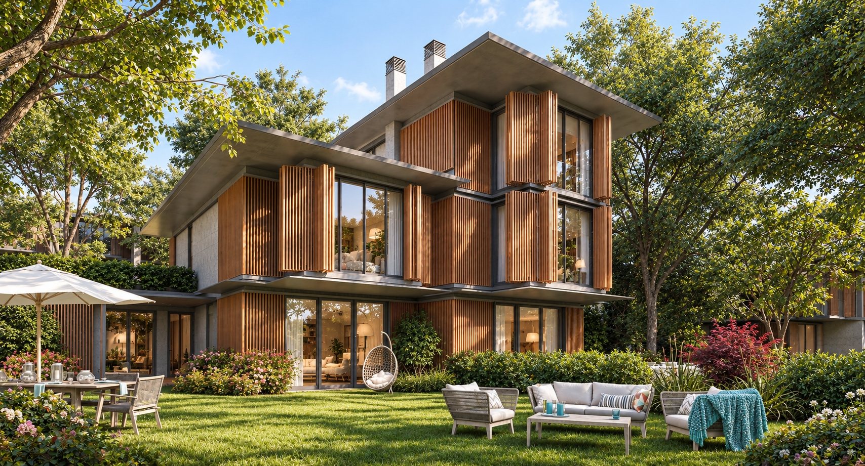Timber villa overlooking a garden lawn
