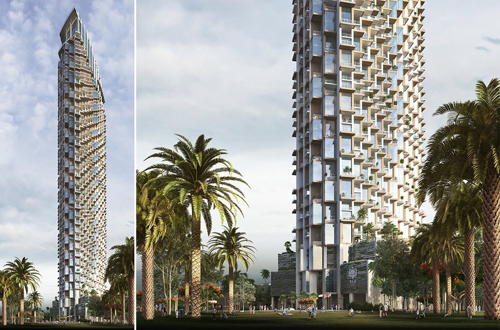 Slender residential towers and palms