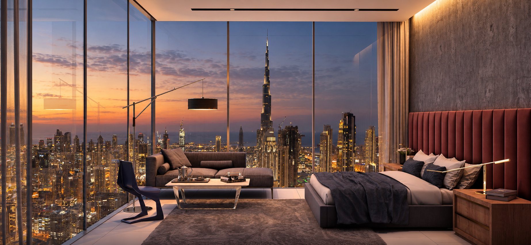 Penthouse living room at sunset