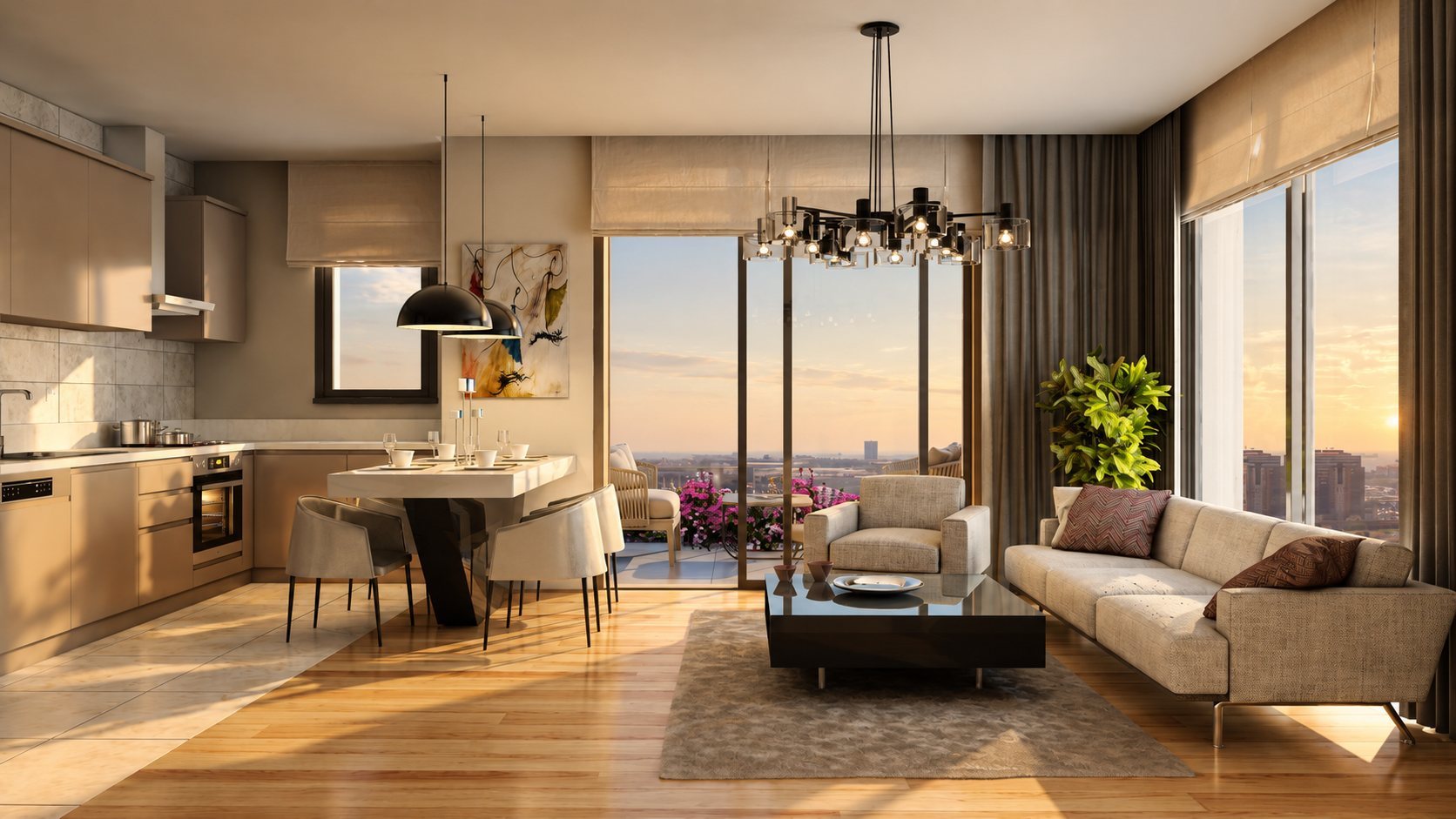 Kitchen and living room at sunset