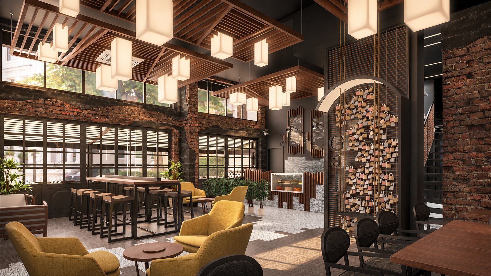 Restaurant dining area with decorative lighting